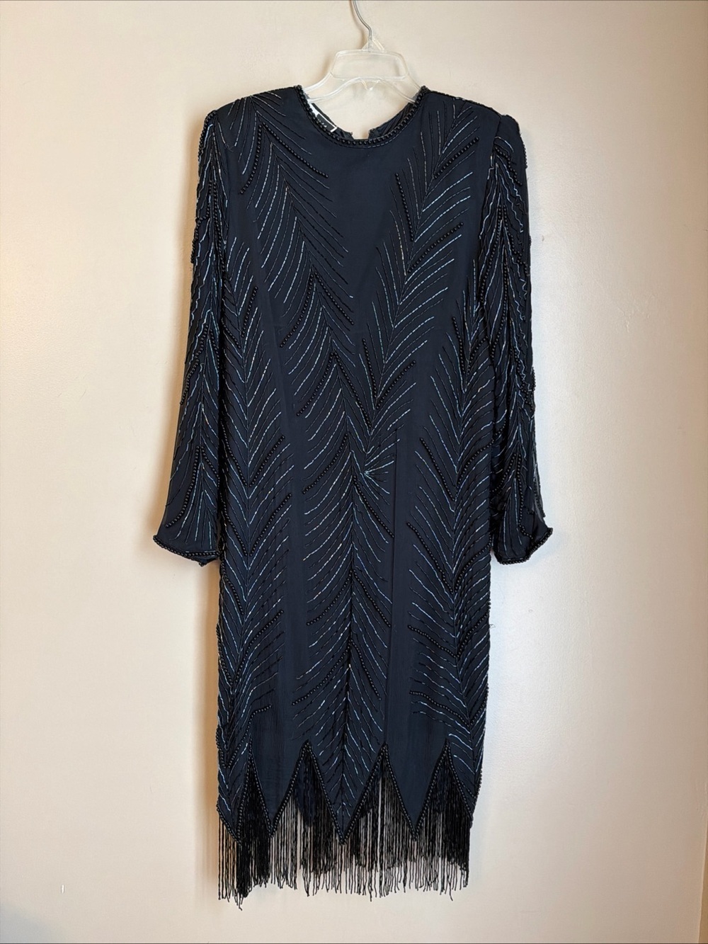 Vintage 80’s Carina Size L 100% Silk Beaded Party Dress Black Cocktail Holiday